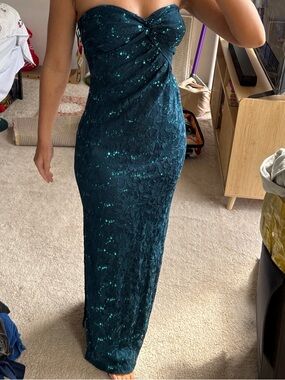 Strapless Teal Sequin Lace Evening Dress